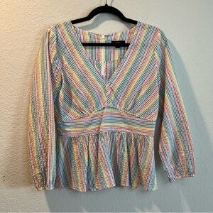 Women’s J. Crew rainbow striped seersucker long sleeve peplum blouse size 2